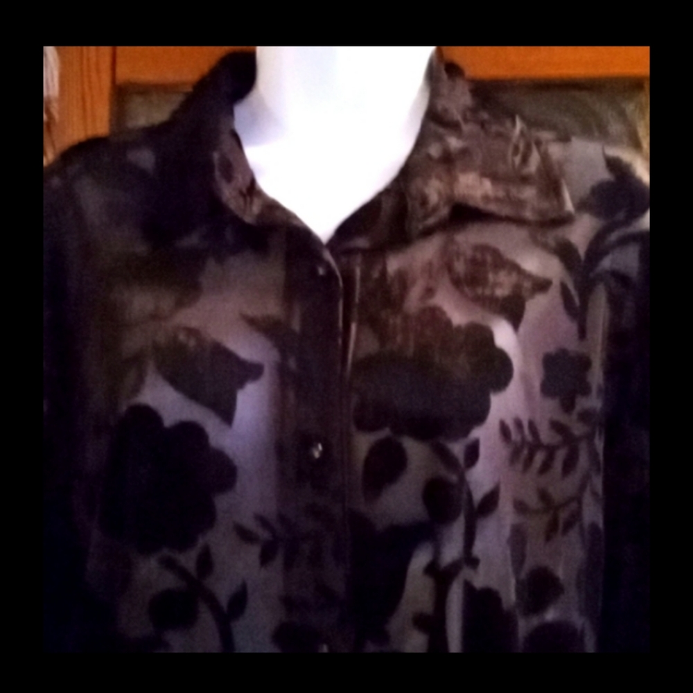 Vintage 80s,Black Velvet,Floral Semi-Transparent,Long Sleeved Button Down,Blouse